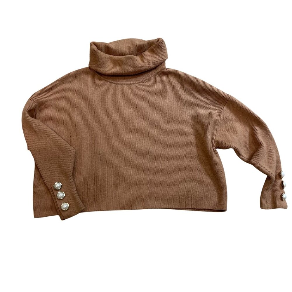 Zara Turtleneck Sweater Women's Size Large Faux Pearl Buttons Ribbed Knit Brown